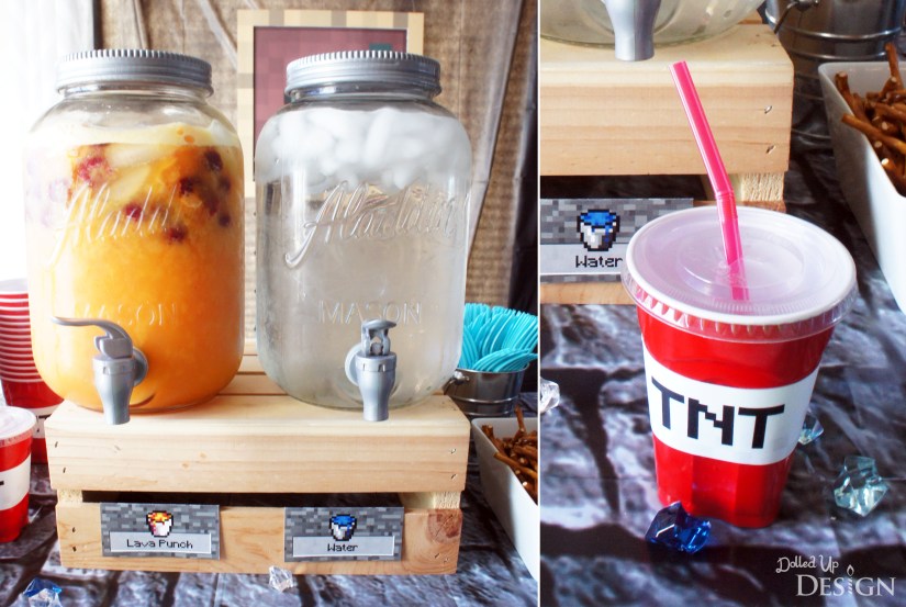 Minecraft Party Drinks - Lava Punch and water in TNT wrapped cups